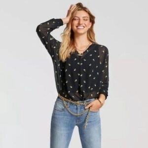 Cabi | Alegria 5338 Embroidered Floral Sheer Smock Mock Neck Blouse Womens Small